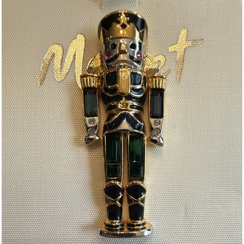 Vintage Monet Signed Gold Tone Nutcracker Soldier Pin Clear Rhinestones w/ Box